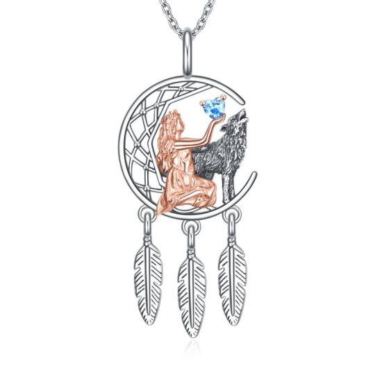 Sterling Silver Two-Tone Heart Wolf Moon And Dream Catcher Pendant Necklace For Women