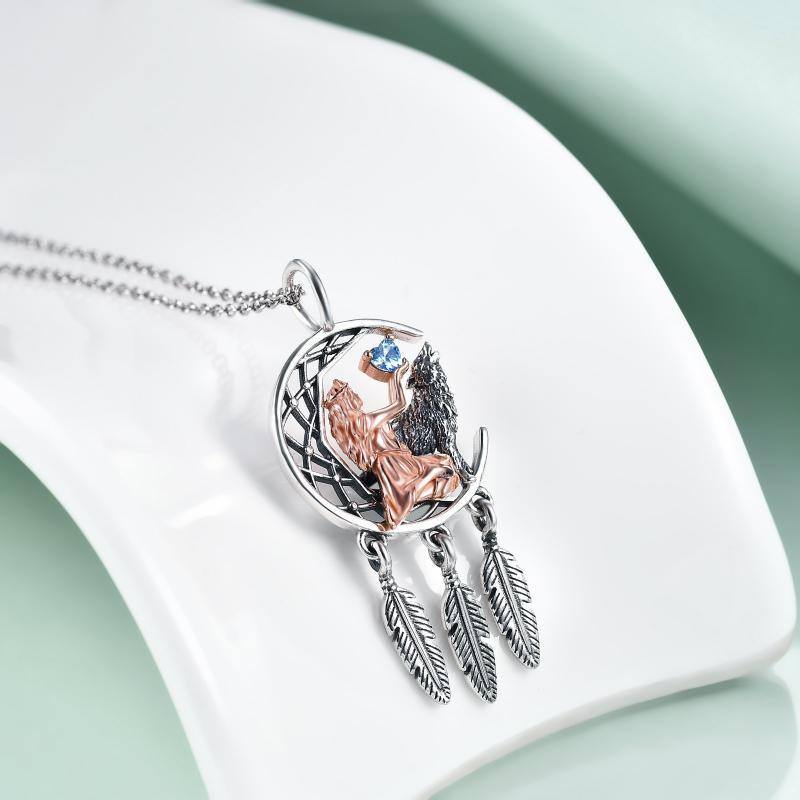 Sterling zilveren tweekleurige hart Wolf maan en dromenvanger hanger ketting voor dames-4