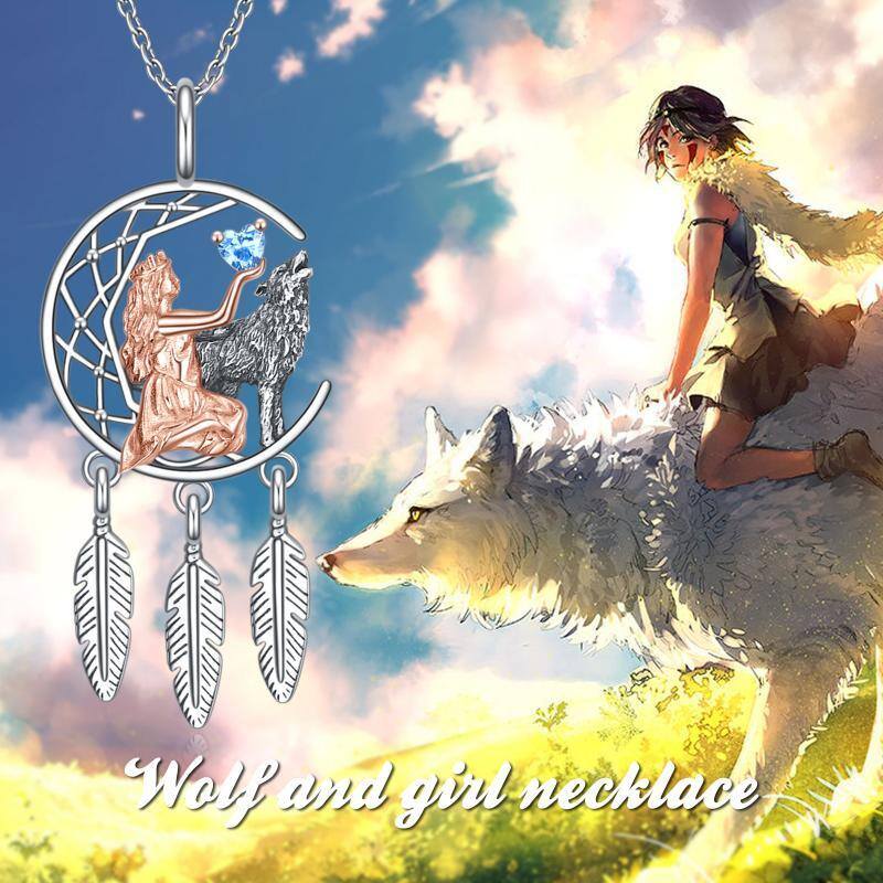 Sterling zilveren tweekleurige hart Wolf maan en dromenvanger hanger ketting voor dames-6