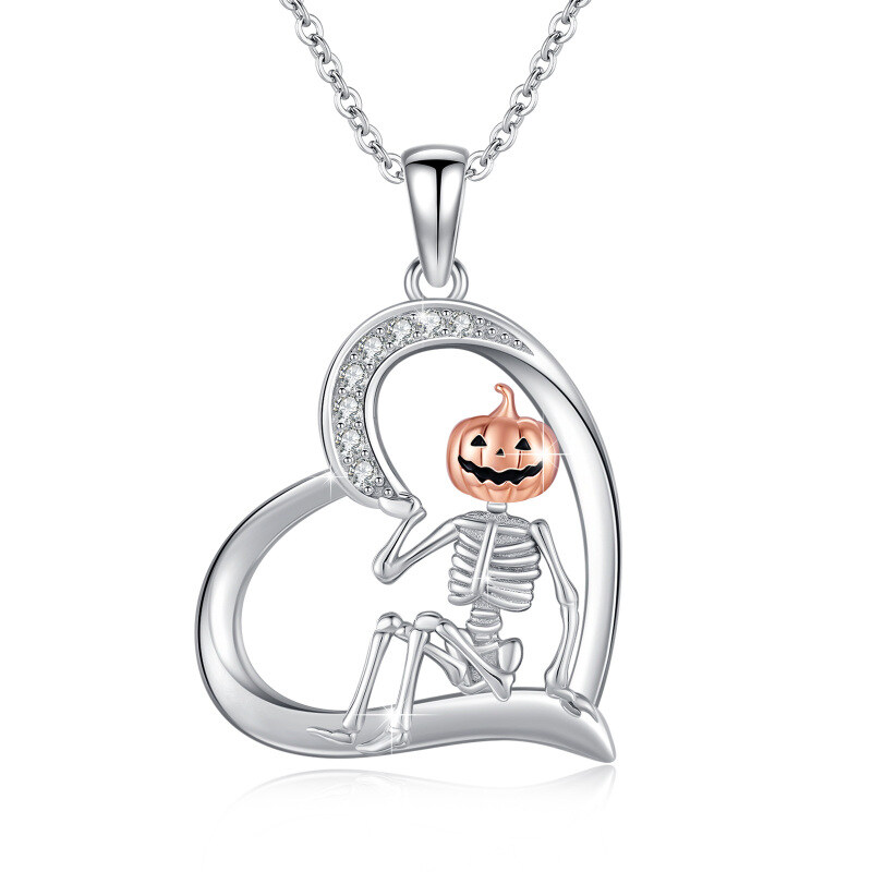 Naszyjnik z wisiorkiem w kształcie serca i szkieletu, wykonany ze srebra najwyższej próby w dwóch odcieniach z cyrkonią sześcienną-1