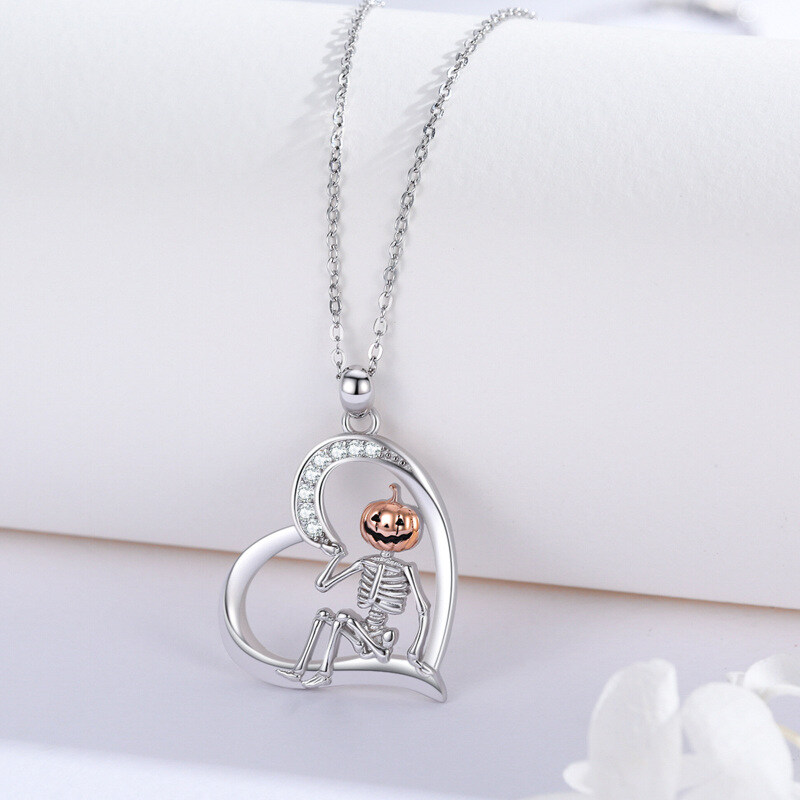 Naszyjnik z wisiorkiem w kształcie serca i szkieletu, wykonany ze srebra najwyższej próby w dwóch odcieniach z cyrkonią sześcienną-4