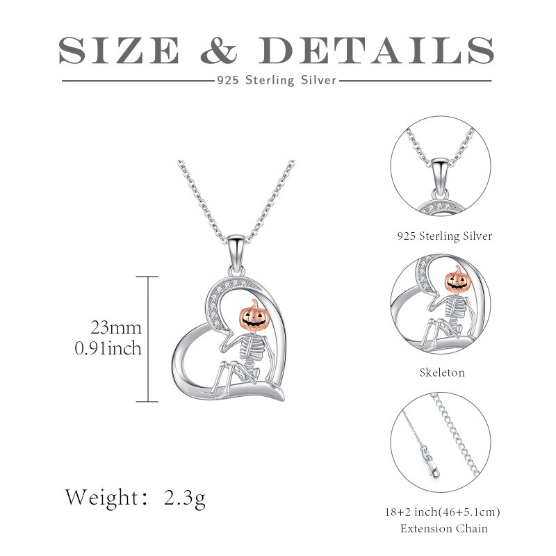 Naszyjnik z wisiorkiem w kształcie serca i szkieletu, wykonany ze srebra najwyższej próby w dwóch odcieniach z cyrkonią sześcienną-6