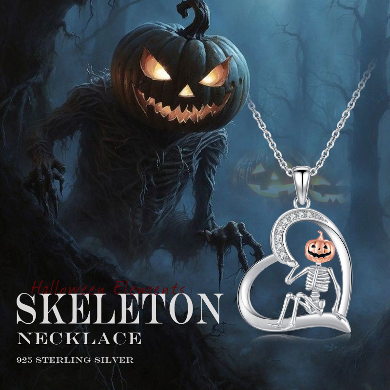 Naszyjnik z wisiorkiem w kształcie serca i szkieletu, wykonany ze srebra najwyższej próby w dwóch odcieniach z cyrkonią sześcienną-5