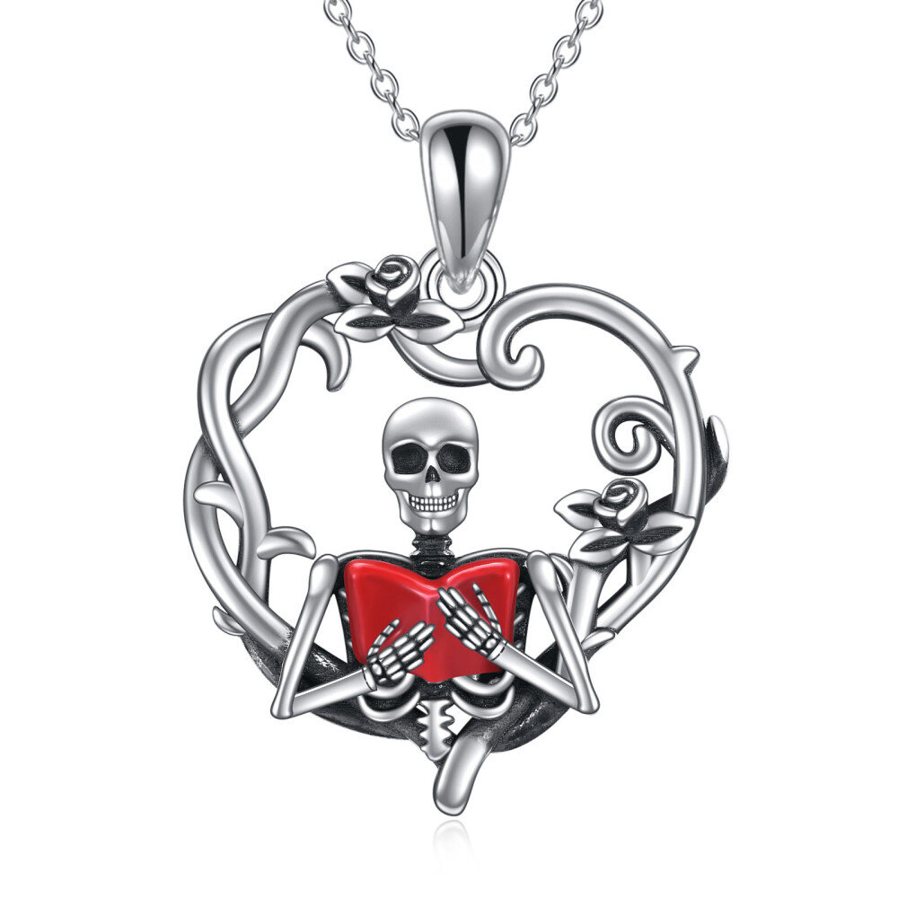 Sterling Silver Two-tone Heart & Skeleton Pendant Necklace-1