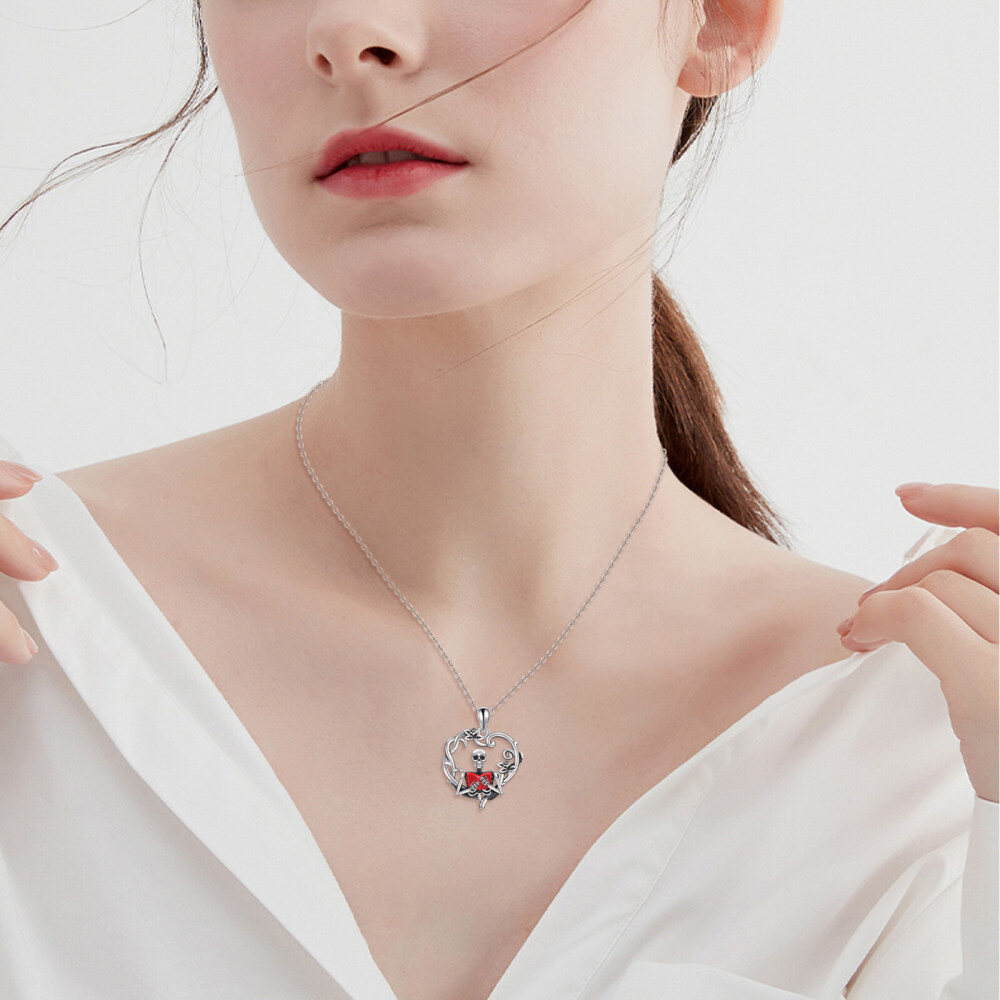Sterling Silver Two-tone Heart & Skeleton Pendant Necklace-2