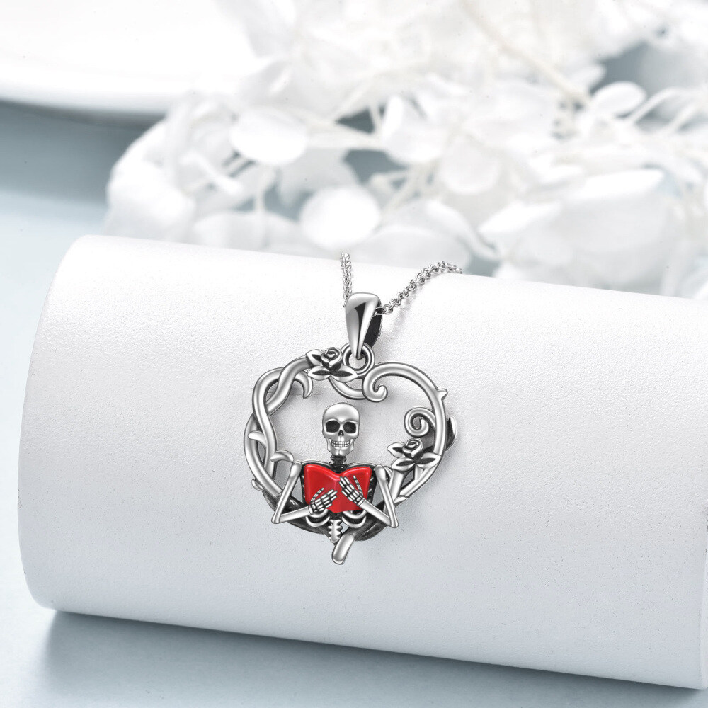 Sterling Silver Two-tone Heart & Skeleton Pendant Necklace-3