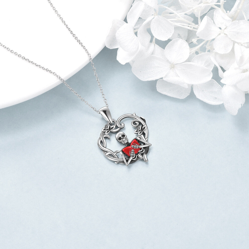 Sterling Silver Two-tone Heart & Skeleton Pendant Necklace-4