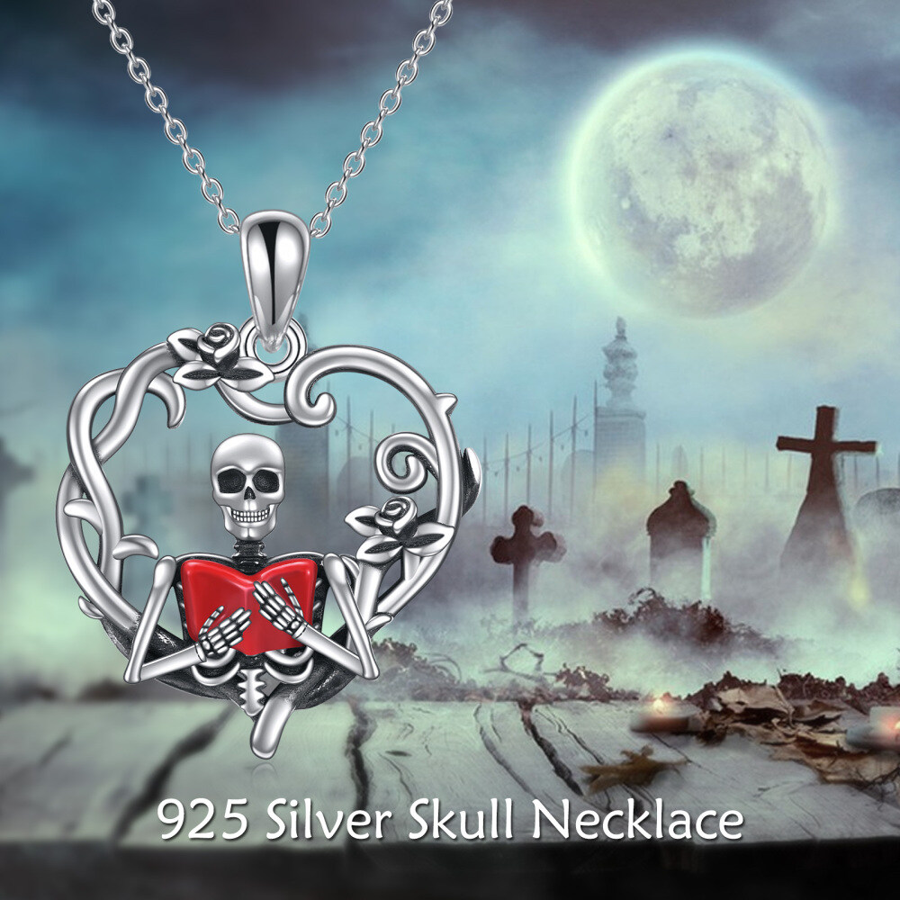 Sterling Silver Two-tone Heart & Skeleton Pendant Necklace-6