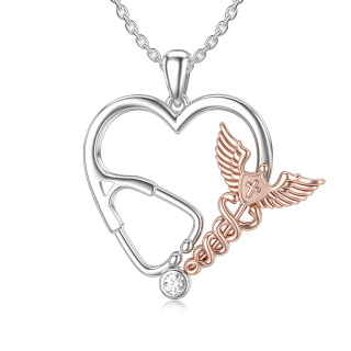 Sterling Silver Two-tone Cubic Zirconia Heart & Stethoscope Pendant Necklace-4