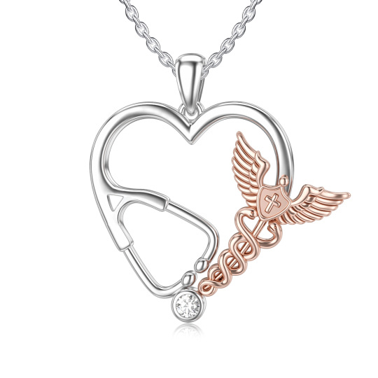 Sterling Silver Two-tone Cubic Zirconia Heart & Stethoscope Pendant Necklace