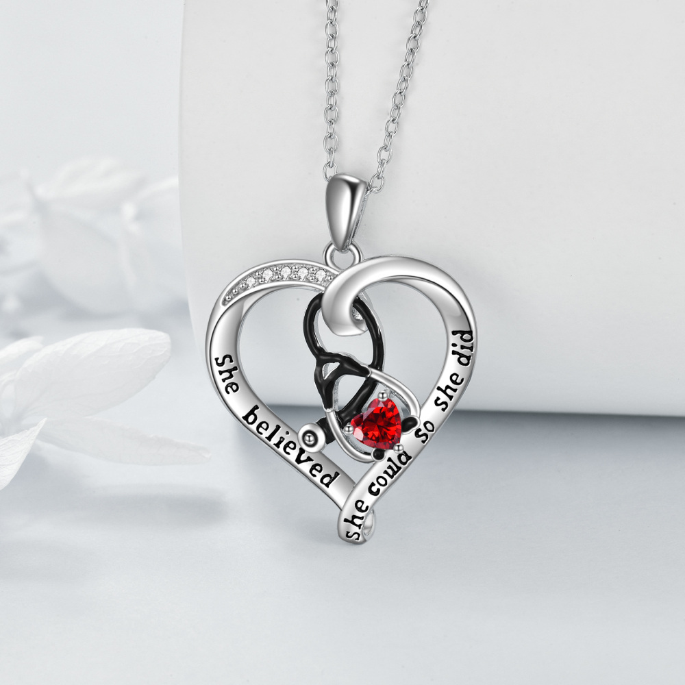 Sterling Silver Two-tone Cubic Zirconia Heart & Stethoscope Pendant Necklace with Engraved Word-3