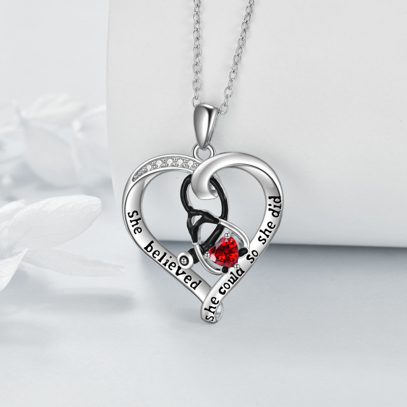 Sterling Silver Two-tone Cubic Zirconia Heart & Stethoscope Pendant Necklace with Engraved Word-3