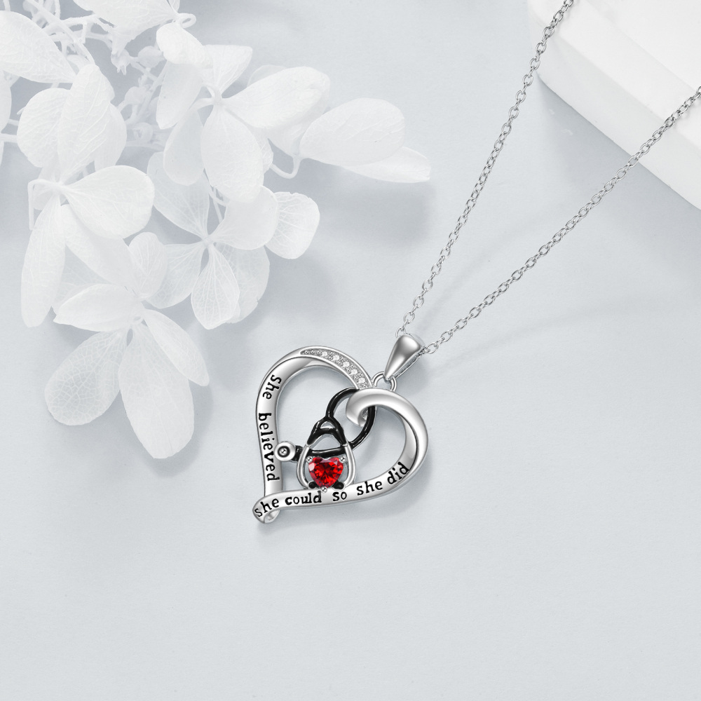Sterling Silver Two-tone Cubic Zirconia Heart & Stethoscope Pendant Necklace with Engraved Word-4
