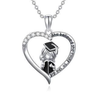 Sterling Silver Two-tone Cubic Zirconia Heart & Trencher Cap Pendant Necklace-7