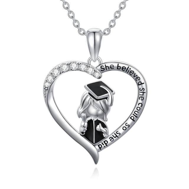 Sterling Silver Two-tone Cubic Zirconia Heart & Trencher Cap Pendant Necklace-5