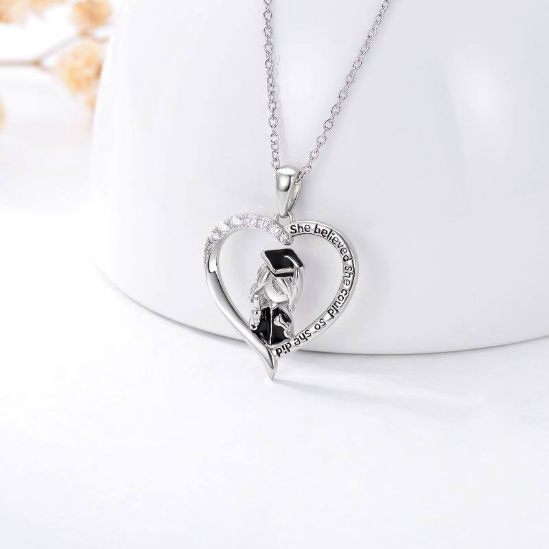 Sterling Silver Two-tone Cubic Zirconia Heart & Trencher Cap Pendant Necklace-3