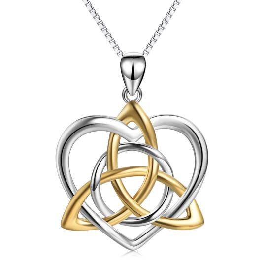 Collana con ciondolo a forma di triangolo a forma di cuore in argento sterling bicolore con nodo celtico