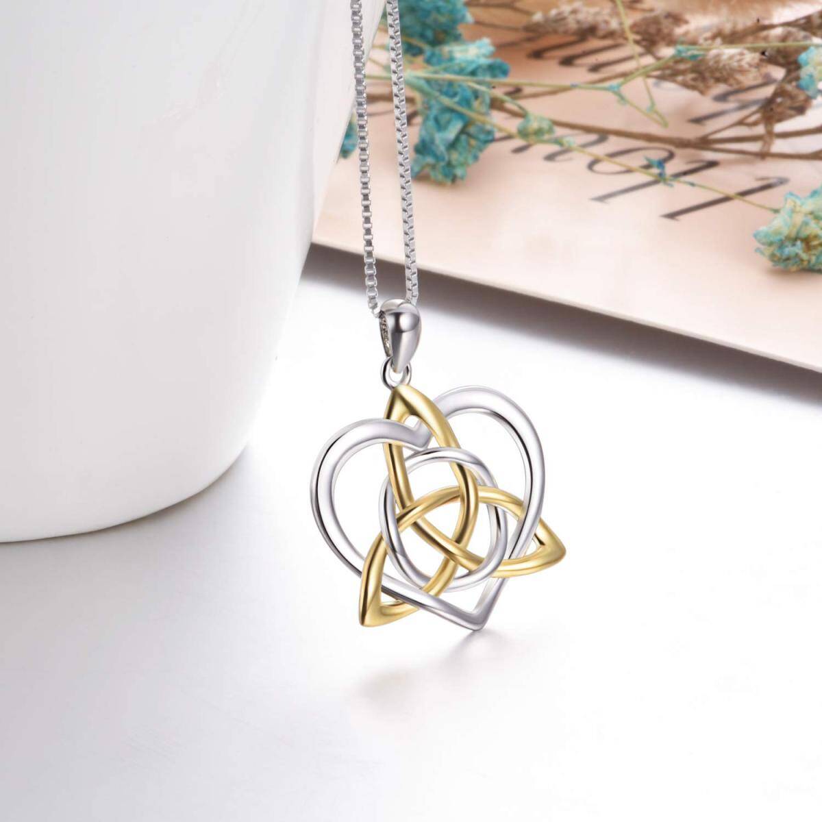 Collier pendentif en argent sterling bicolore avec nœud celtique en forme de cœur et de triangle-4