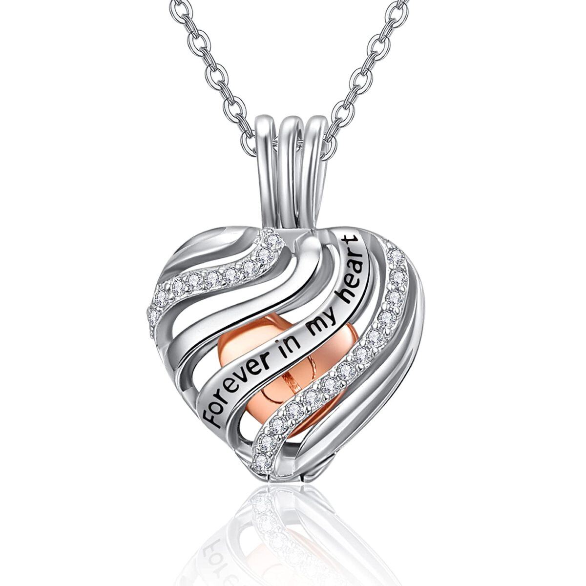 Collana in argento sterling bicolore con cuore in zirconia cubica per le ceneri con parola incisa-1