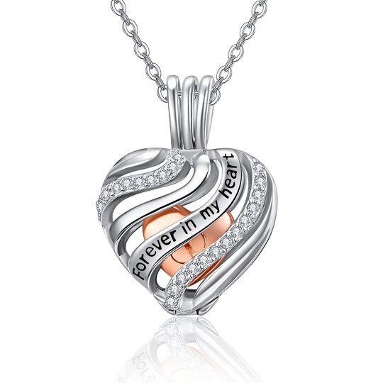 Sterling Silver Two-tone Cubic Zirconia Heart Urn Necklace for Ashes with Engraved Word