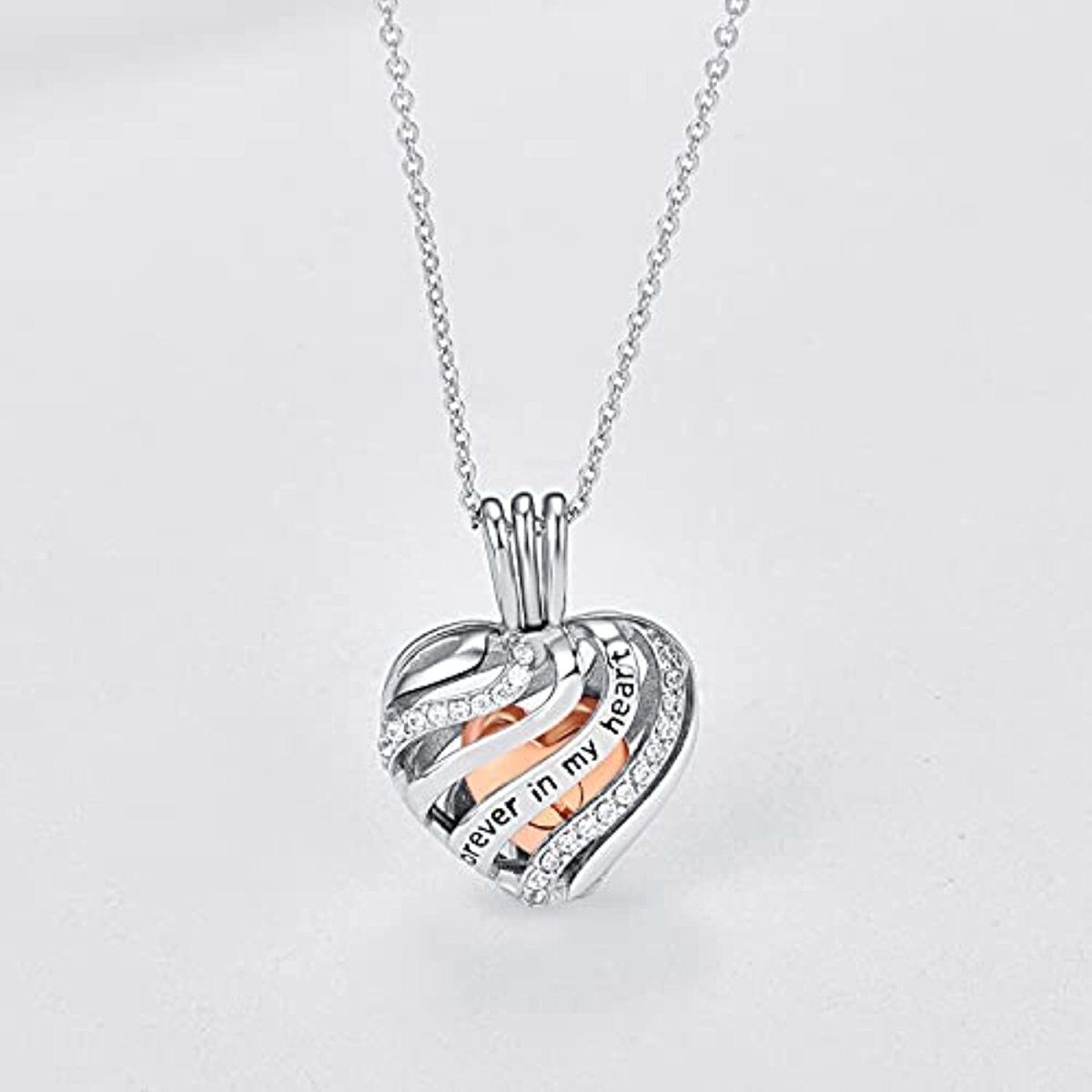 Collana in argento sterling bicolore con cuore in zirconia cubica per le ceneri con parola incisa-3