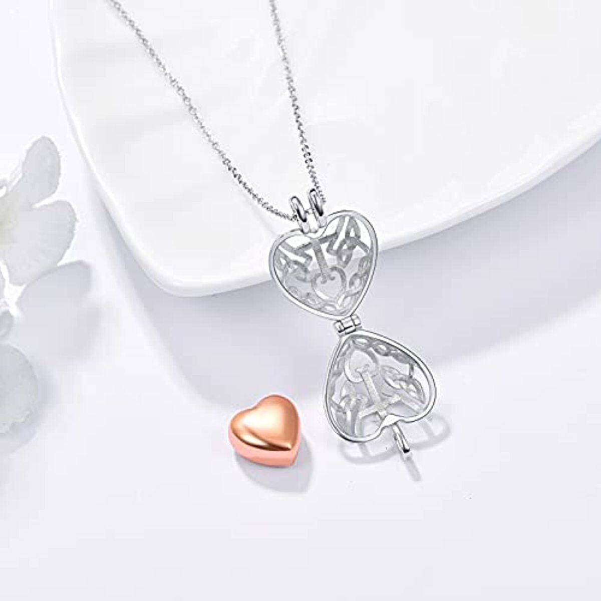 Sterling Silver Two-tone Heart Urn Necklace for Ashes-3