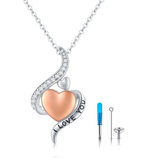 Collana in argento sterling bicolore con cuore in zirconia cubica per le ceneri con parola incisa