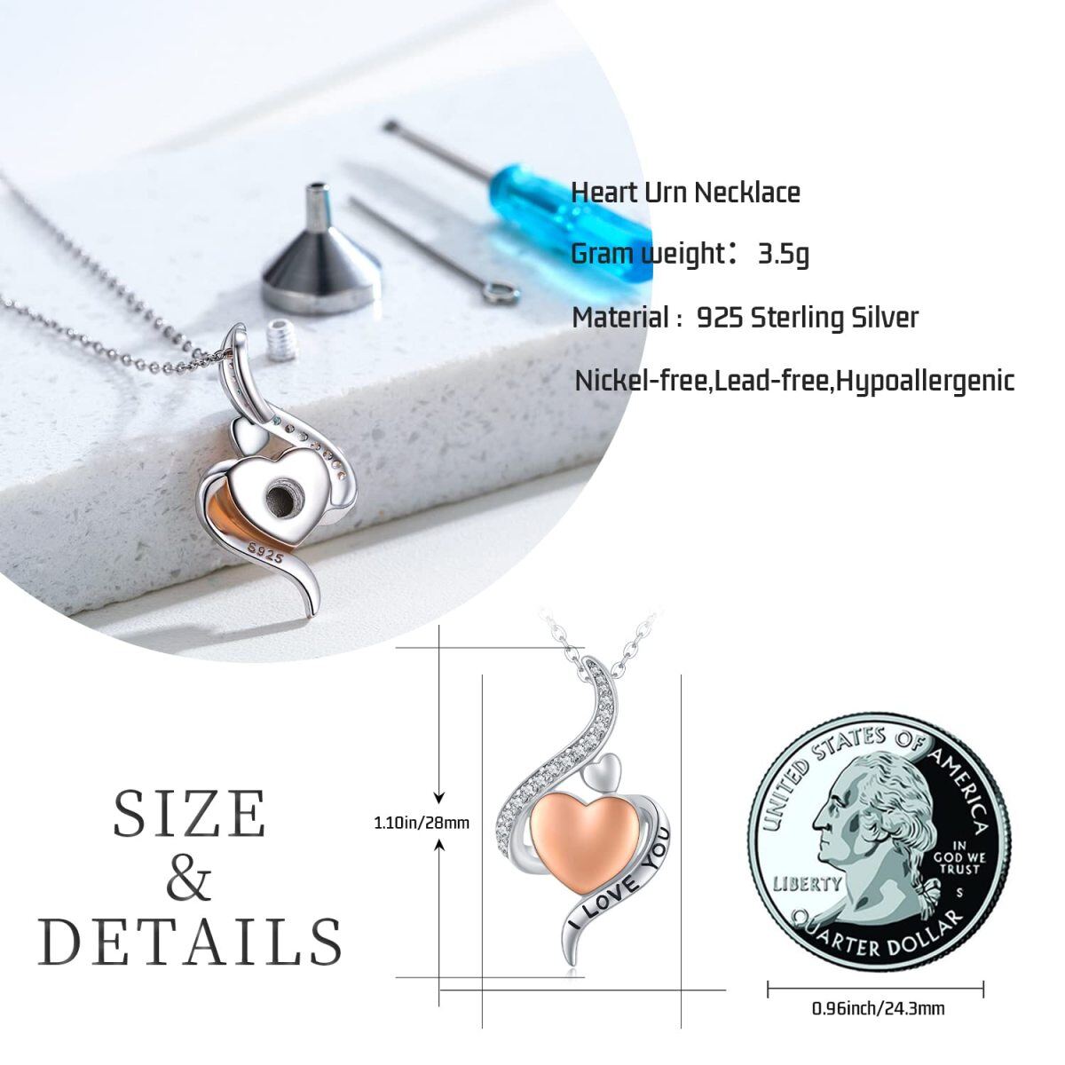 Sterling Silber zweifarbig Cubic Zirkonia Herz Urne Halskette mit eingraviertem Wort-7