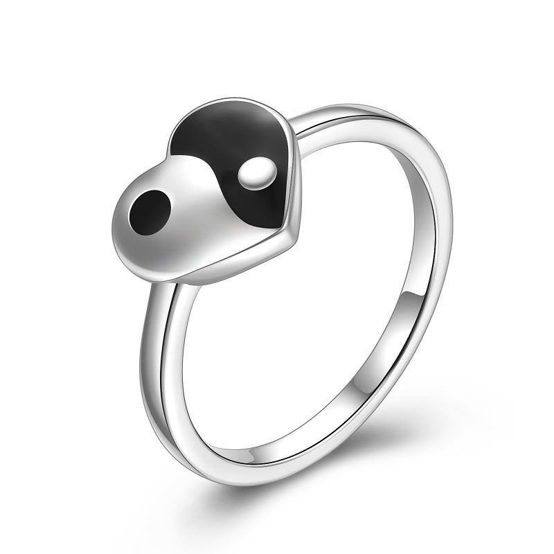 Bague Yin Yang en argent sterling bicolore avec cœur-1