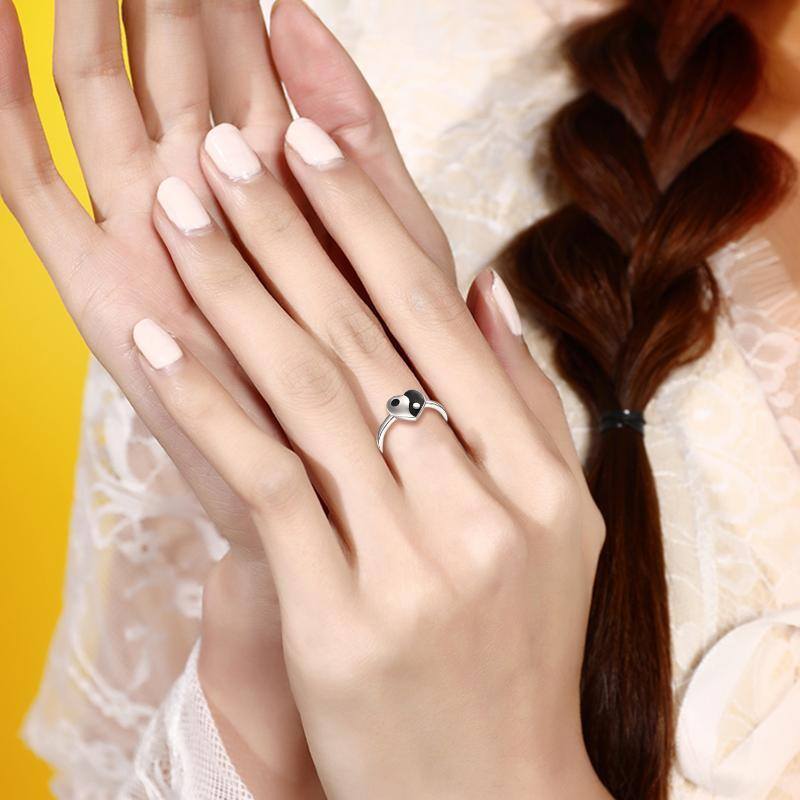 Sterling Silver Two-tone Heart & Yin Yang Ring-2