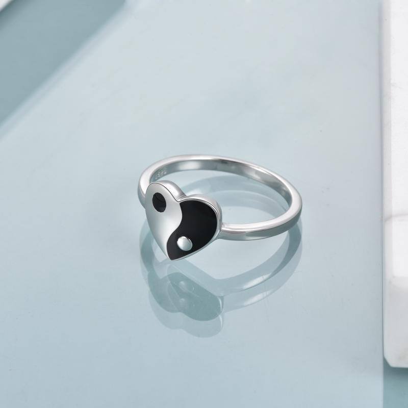 Sterling Silver Two-tone Heart & Yin Yang Ring-3