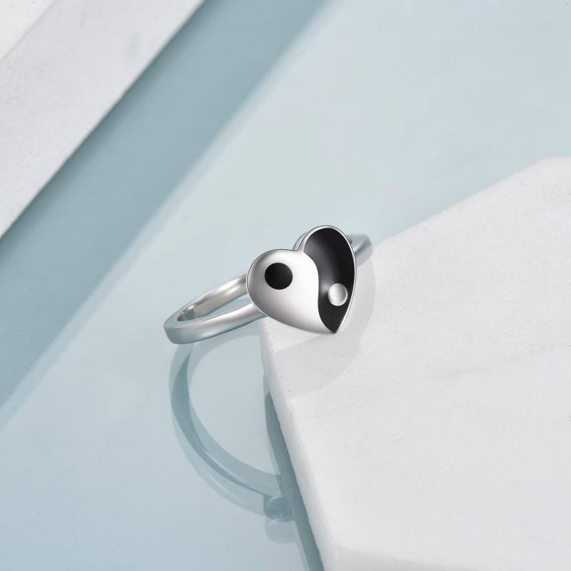 Sterling Silver Two-tone Heart & Yin Yang Ring-4