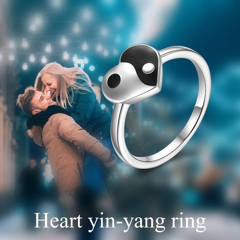 Sterling Silver Two-tone Heart & Yin Yang Ring-5