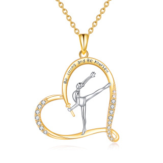 Sterling Silver Two-tone Heart Zircon Gymnast & Gymnastics Pendant Necklace with Engraved Word-11