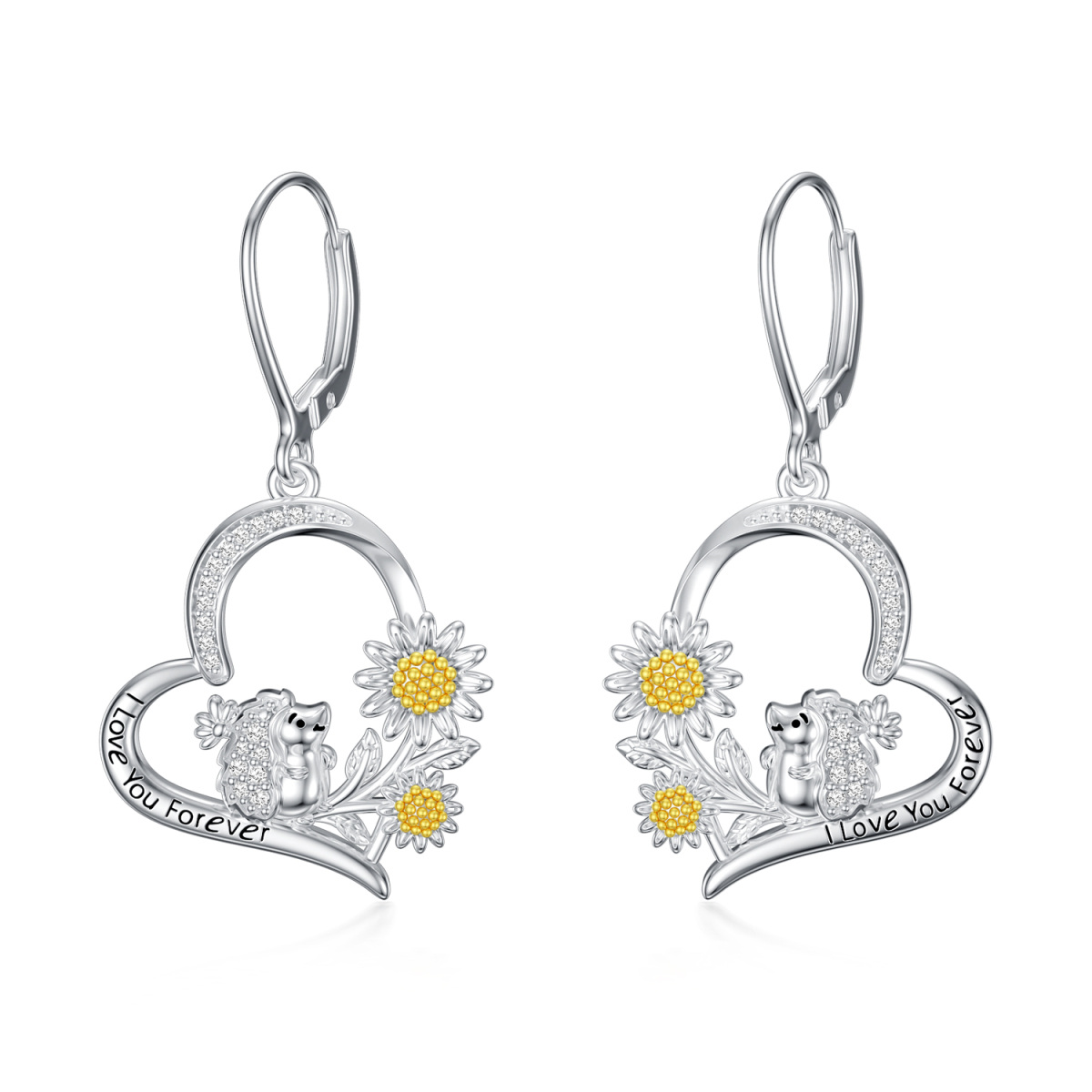 Sterling Silver Two-tone Cubic Zirconia Hedgehog & Daisy Drop Earrings-1