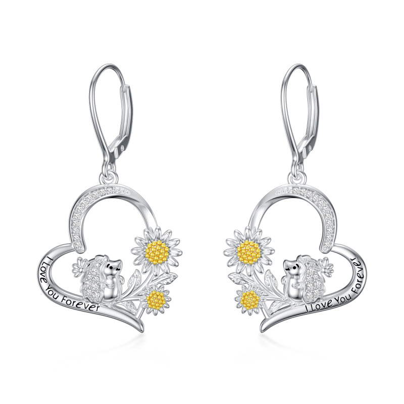 Sterling Silver Two-tone Cubic Zirconia Hedgehog & Daisy Drop Earrings