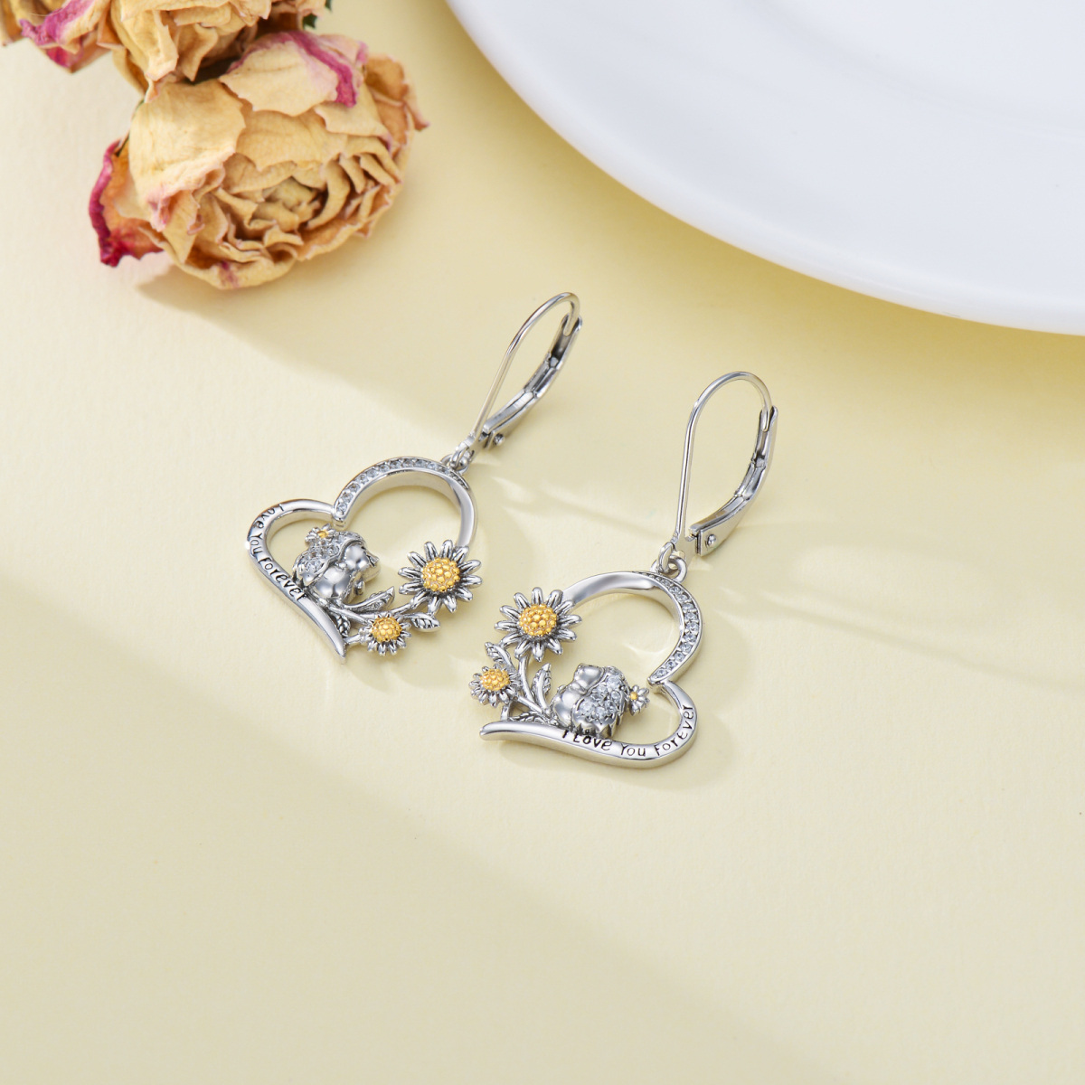 Sterling Silver Two-tone Cubic Zirconia Hedgehog & Daisy Drop Earrings-3