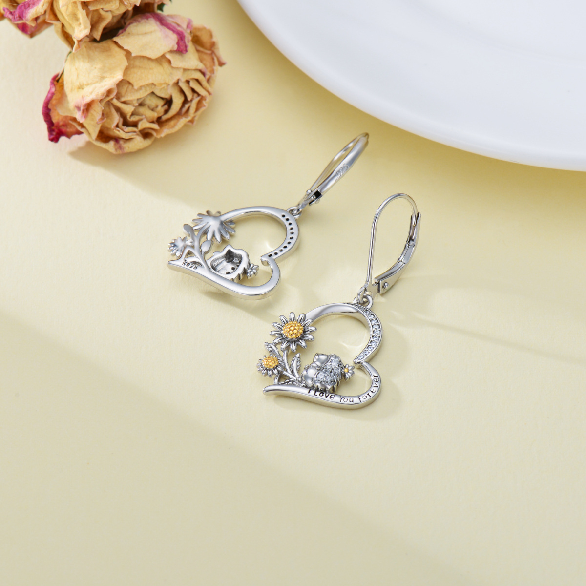 Sterling Silver Two-tone Cubic Zirconia Hedgehog & Daisy Drop Earrings-4