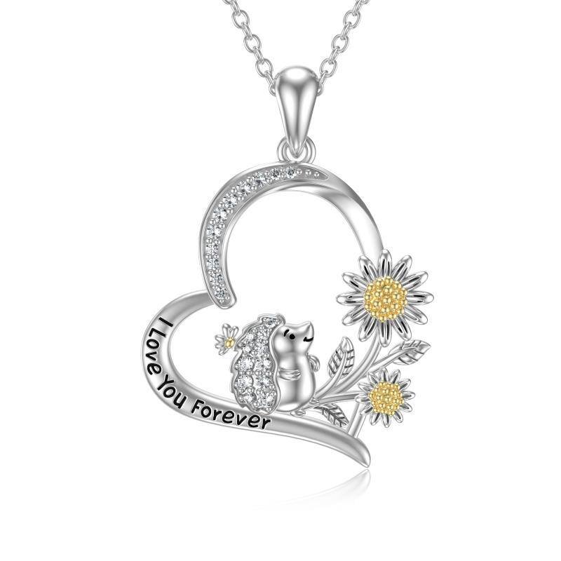 Sterling Silver Two-tone Hedgehog & Sunflower Heart Pendant Necklace with Engraved Word-18