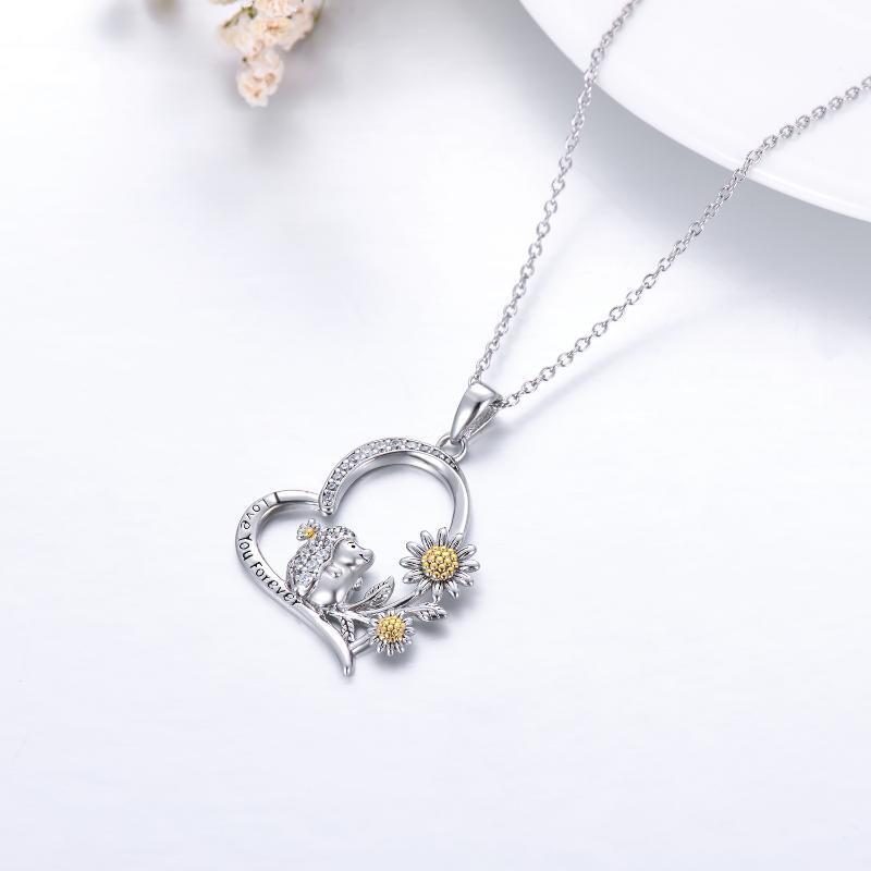 Collar Colgante Corazón Erizo y Girasol en Plata de Ley Bicolor con Palabra Grabada-3