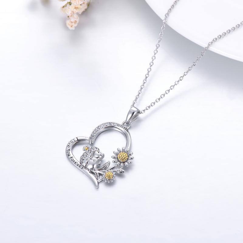 Sterling Silver Two-tone Hedgehog & Sunflower Heart Pendant Necklace with Engraved Word-3