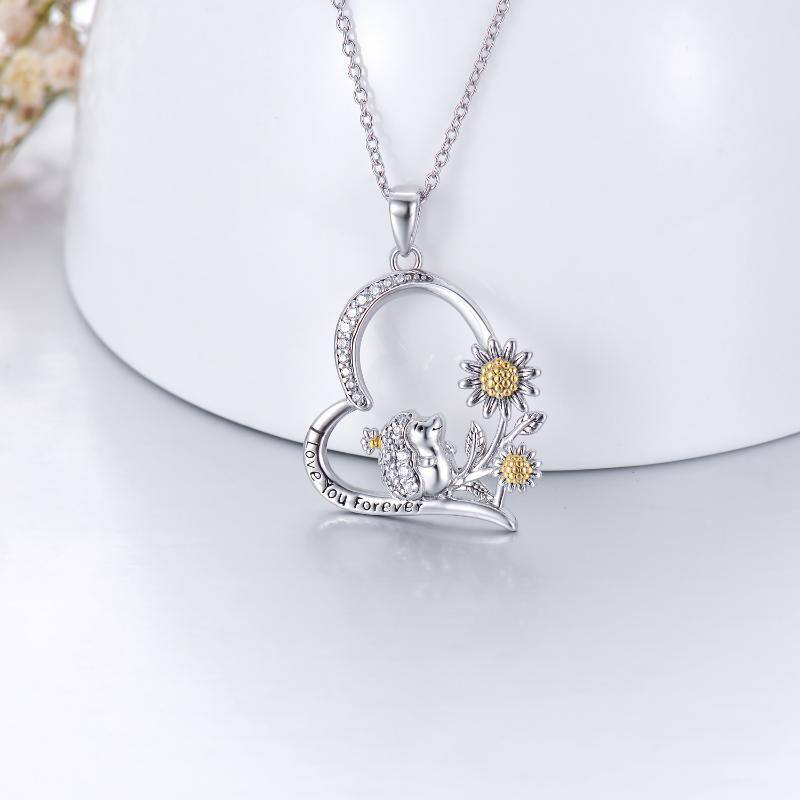 Sterling Silver Two-tone Hedgehog & Sunflower Heart Pendant Necklace with Engraved Word-4