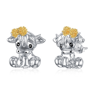 Sterling Silver Two-tone Highland Cow with Flower Stud Earrings-24