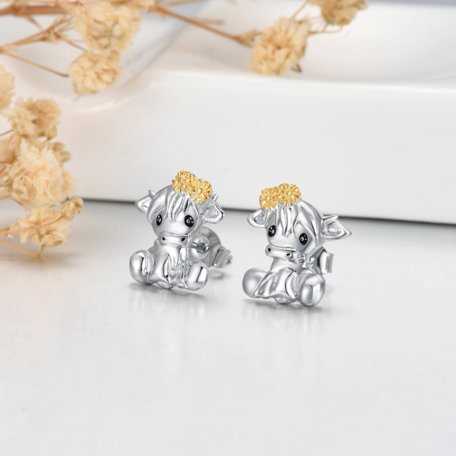 Sterling Silver Two-tone Highland Cow with Flower Stud Earrings-3