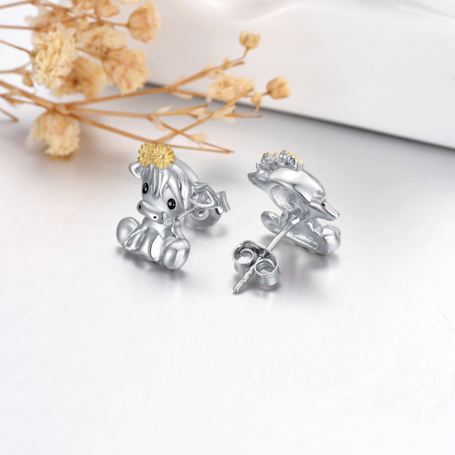 Sterling Silver Two-tone Highland Cow with Flower Stud Earrings-4