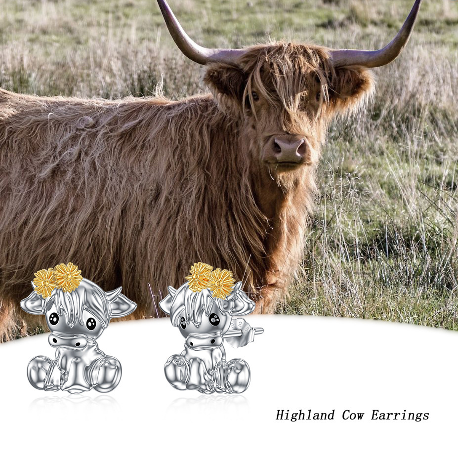Sterling Silver Two-tone Highland Cow with Flower Stud Earrings-5