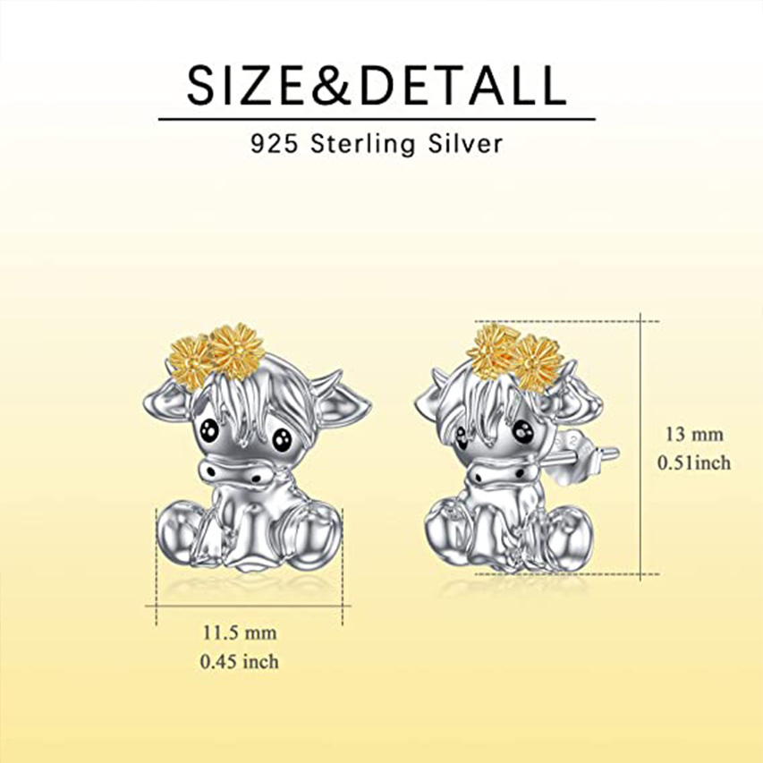 Sterling Silver Two-tone Highland Cow with Flower Stud Earrings-6