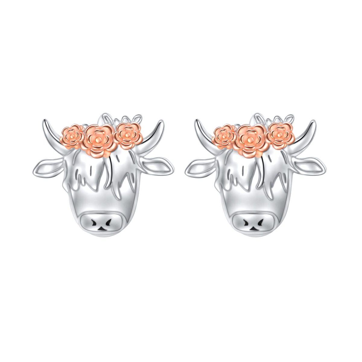 Boucles d'oreilles en argent sterling bicolore Highland Cow & Flowers-1