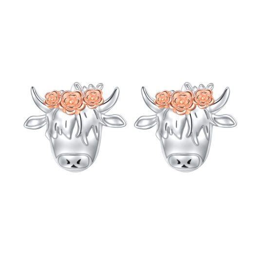 Sterling Silver Two-tone Highland Cow & Flowers Stud Earrings