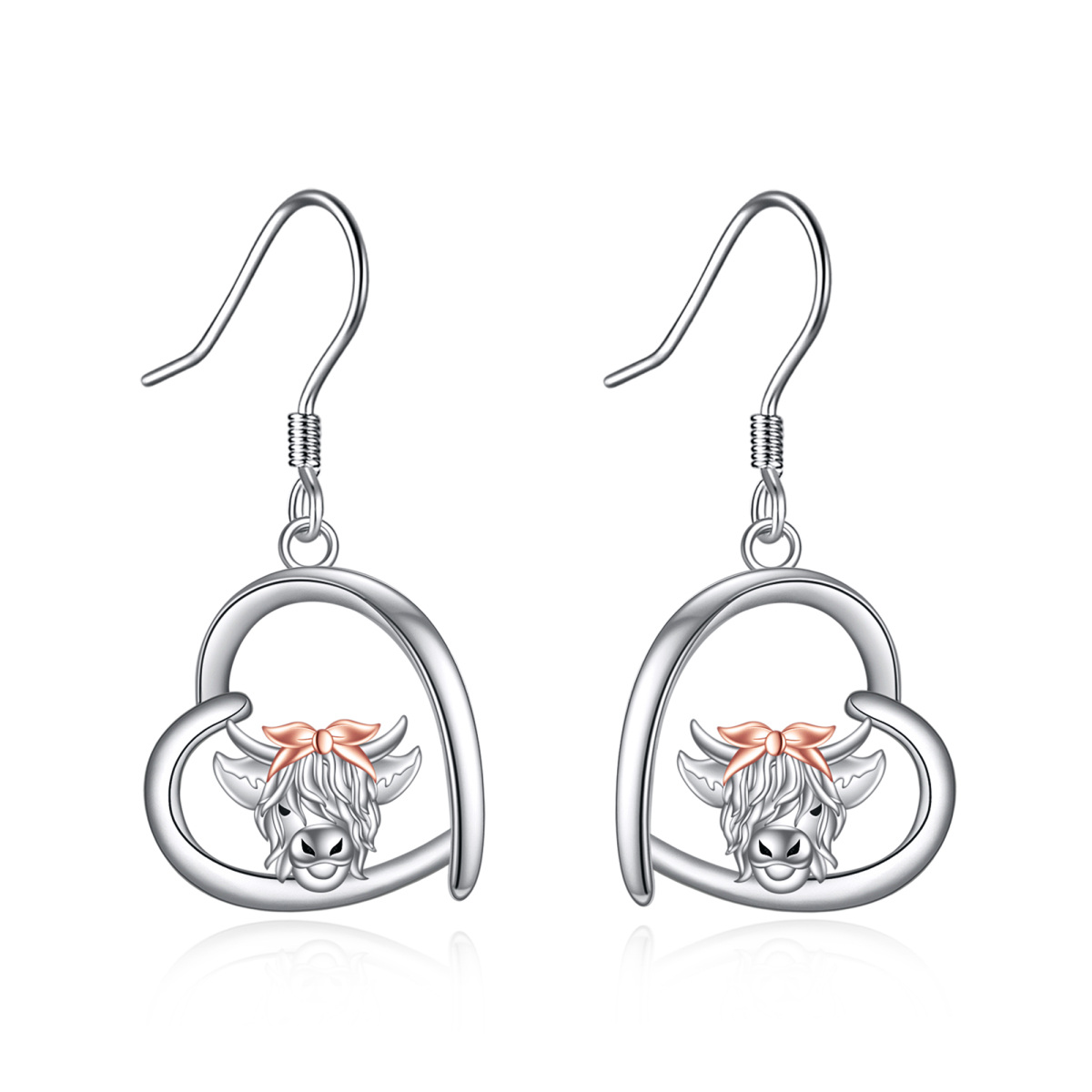 Sterling Silver Two-tone Highland Cow & Heart Drop Earrings-1